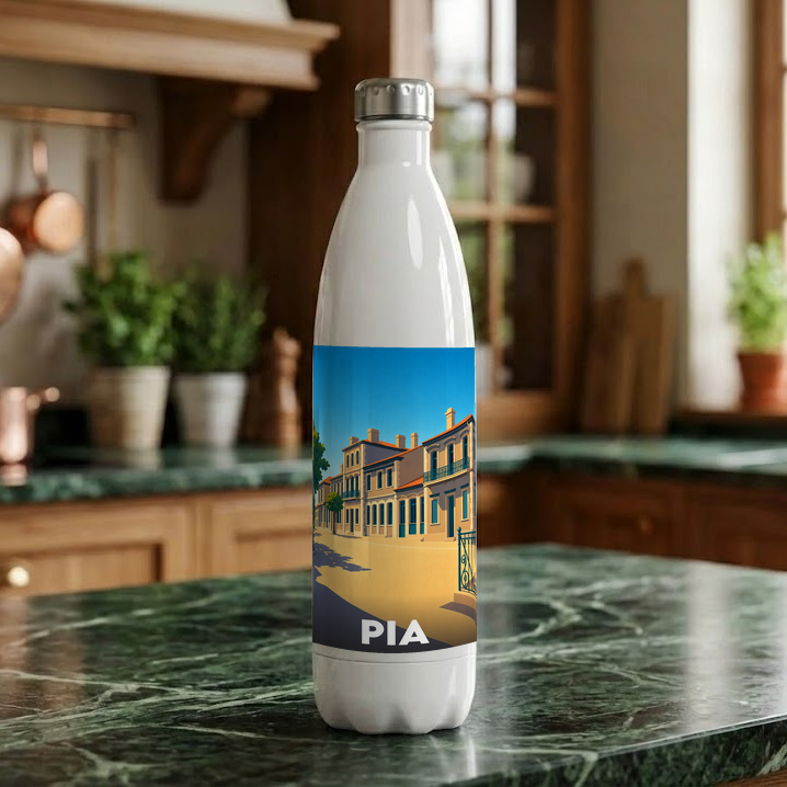 Gourde souvenir de la ville de Pia avec une illustration stylisée.