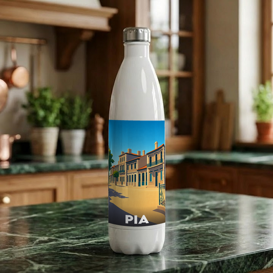 Gourde souvenir de la ville de Pia avec une illustration stylisée.