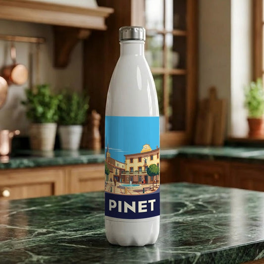 Gourde souvenir de la ville de Pinet avec une illustration stylisée.