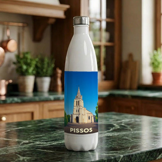 Gourde souvenir de la ville de Pissos avec une illustration stylisée de son église.