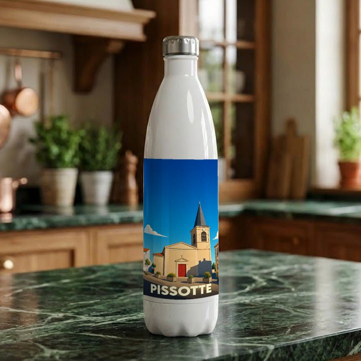 Gourde blanche souvenir de la ville de Pissotte avec une illustration stylisée d'une église sous un ciel bleu.