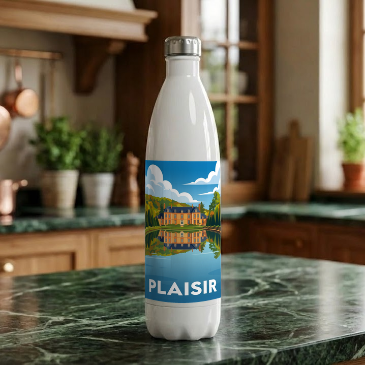 Gourde souvenir de la ville de Plaisir avec une illustration stylisée.