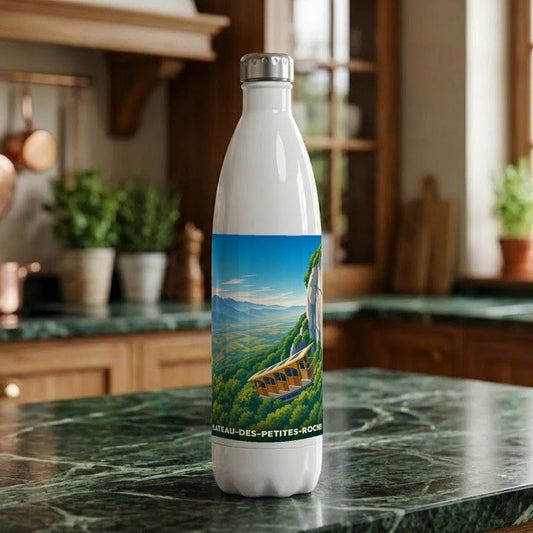 Gourde souvenir de la ville de Plateau-des-Petites-Roches avec une illustration stylisée d'un funiculaire en montagne.