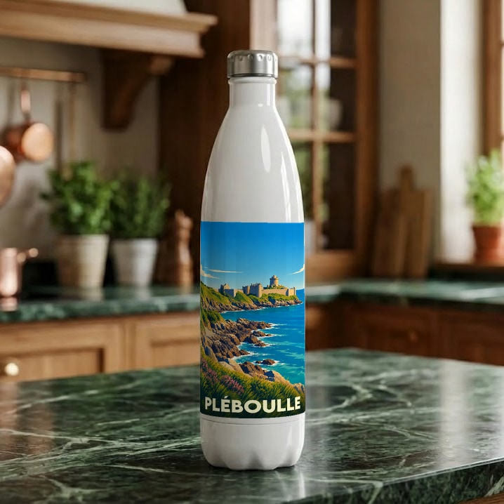 Gourde souvenir de la ville de Pléboulle avec une illustration stylisée du littoral breton.