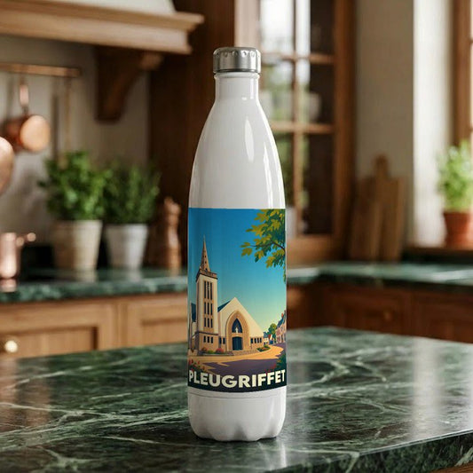 Gourde blanche souvenir de la ville de Pleugriffet avec une illustration stylisée de son église.