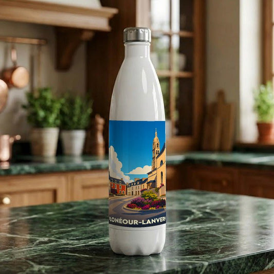 Gourde souvenir de la ville de Plonéour-Lanvern avec une illustration stylisée.