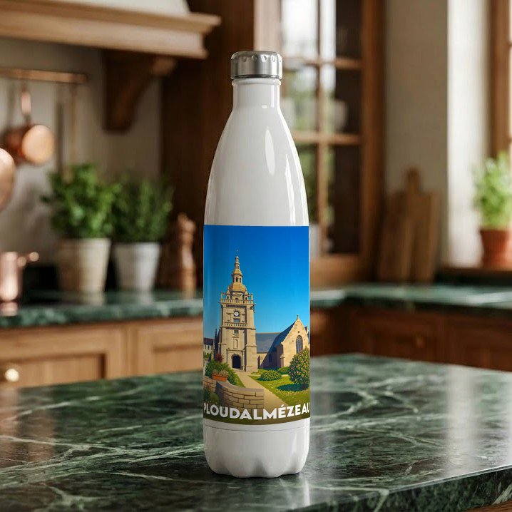 Gourde souvenir de la ville de Ploudalmézeau avec une illustration stylisée de son église.