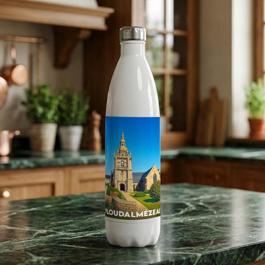 Gourde souvenir de la ville de Ploudalmézeau avec une illustration stylisée de son église.