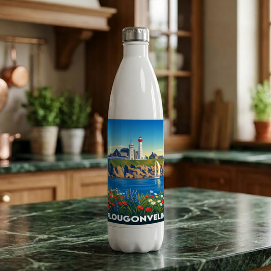 Gourde souvenir de la ville de Plougonvelin avec une illustration stylisée.