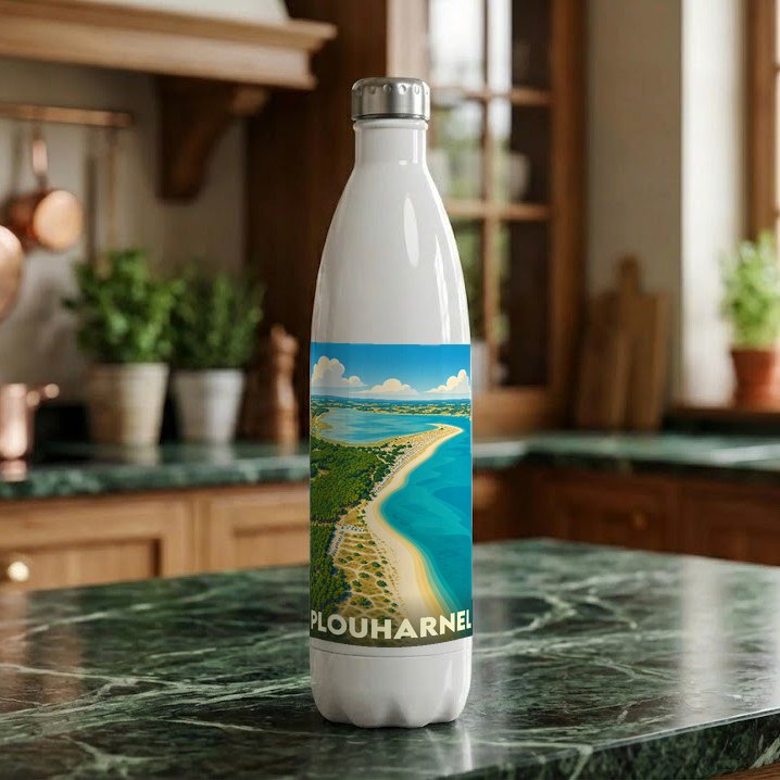Gourde souvenir de la ville de Plouharnel avec une illustration stylisée de son littoral.