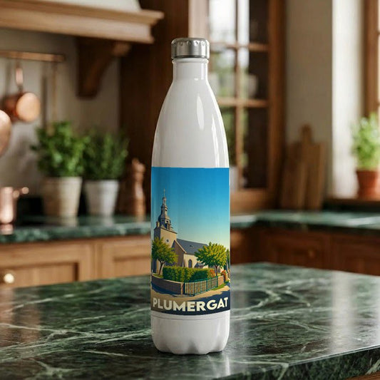 Gourde souvenir de la ville de Plumergat avec une illustration stylisée d'une église.