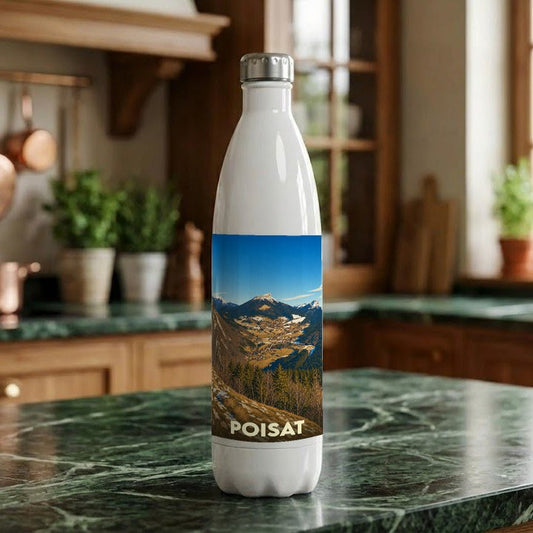 Gourde souvenir de la ville de Poisat illustrée par un paysage de montagne.