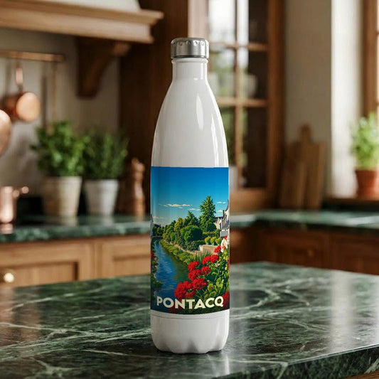 Gourde souvenir de la ville de Pontacq avec une illustration colorée et stylisée de ses paysages.