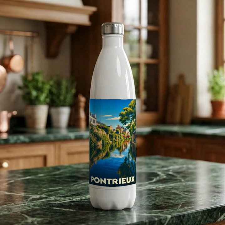 Gourde blanche souvenir de la ville de Pontrieux avec une illustration colorée de ses quais.