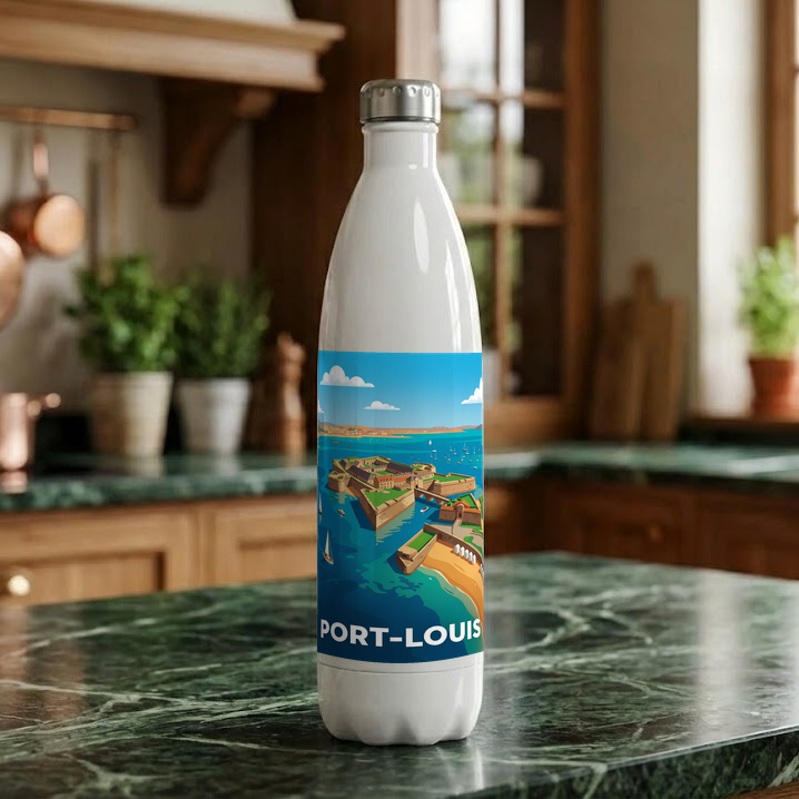 Gourde souvenir de la ville de Port-Louis avec une illustration stylisée.