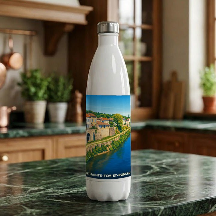 Gourde souvenir de la ville de Port-Sainte-Foy-et-Ponchapt avec une illustration stylisée des bords de la Dordogne.
