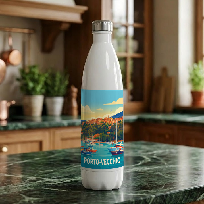 Gourde souvenir de la ville de Porto-Vecchio avec une illustration stylisée de son port et de sa citadelle.
