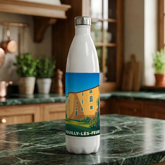 Gourde souvenir de la ville de Pouilly-lès-Feurs avec une illustration stylisée de son patrimoine.