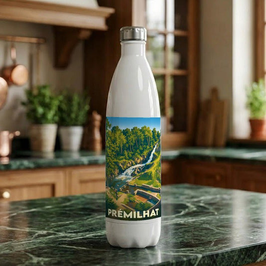 Gourde blanche souvenir de la ville de Prémilhat illustrée par un paysage naturel stylisé.