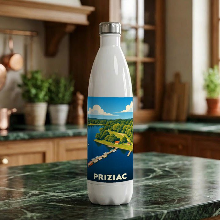 Gourde souvenir de la ville de Priziac ornée d'une illustration stylisée de son lac.