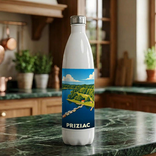 Gourde souvenir de la ville de Priziac ornée d'une illustration stylisée de son lac.