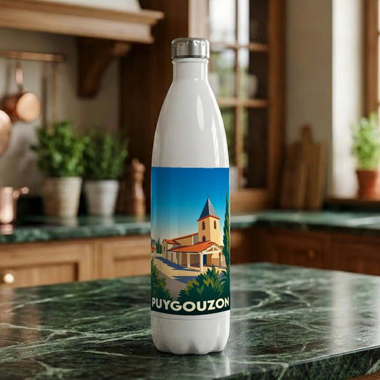 Gourde souvenir de la ville de Puygouzon avec une illustration stylisée de son église.