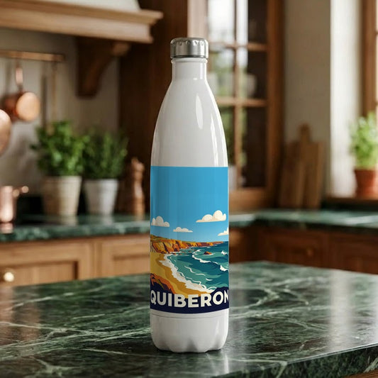 Gourde souvenir de la ville de Quiberon avec une illustration stylisée.