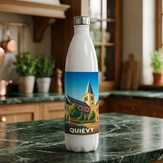 Gourde souvenir de la ville de Quiévy avec une illustration stylisée de son église.