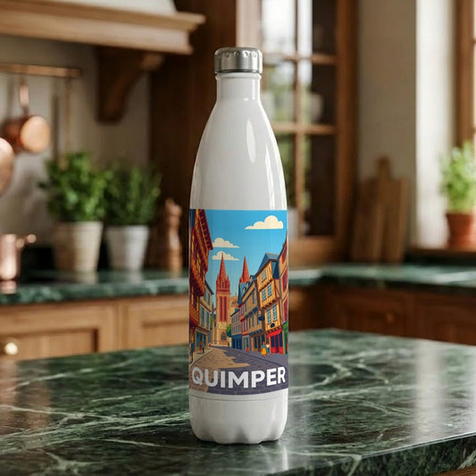 Gourde souvenir de la ville de Quimper avec une illustration stylisée et colorée.