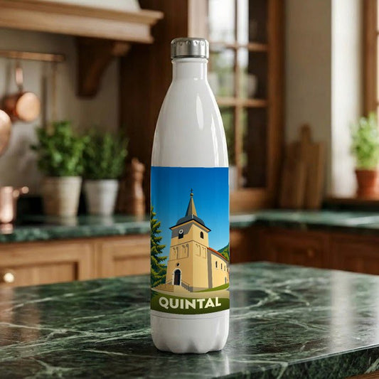 Gourde souvenir de la ville de Quintal avec une illustration stylisée de son église.