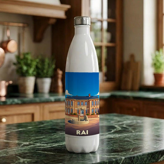 Gourde souvenir de la ville de Rai avec une illustration stylisée de son patrimoine.