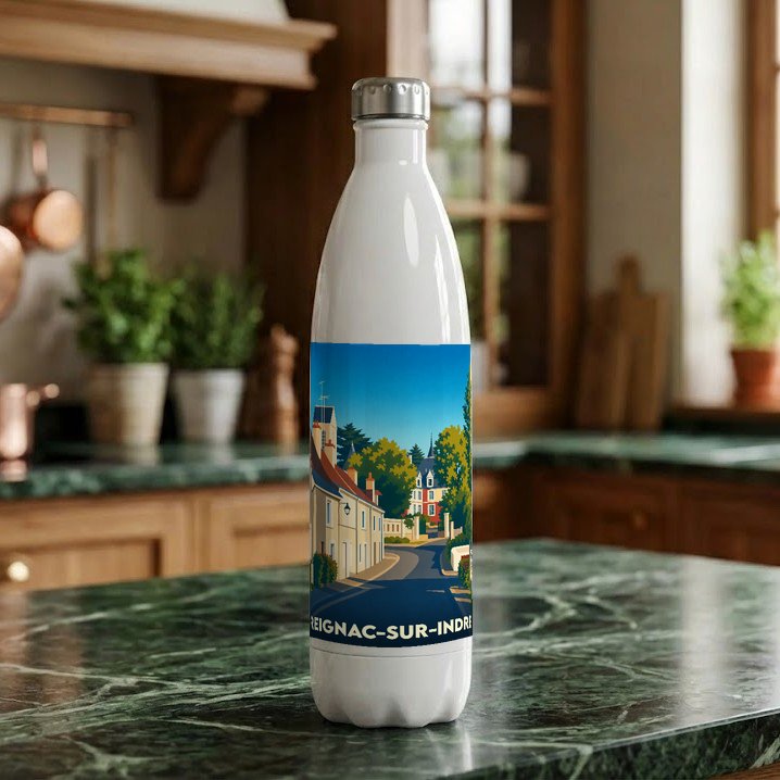Gourde blanche souvenir de la ville de Reignac-sur-Indre avec une illustration stylisée.
