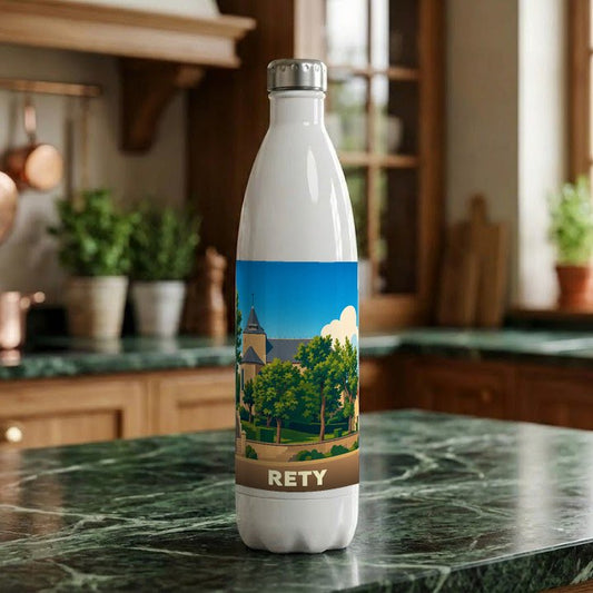 Gourde blanche souvenir de la ville de Rety ornée d'une illustration stylisée de son église et de sa verdure.