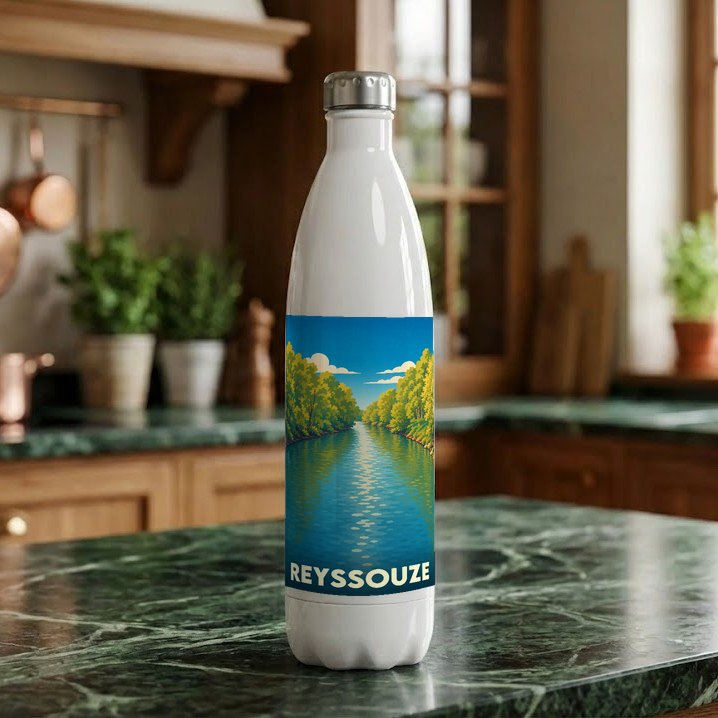 Gourde souvenir de la ville de Reyssouze ornée d'une illustration stylisée de sa rivière bordée d'arbres.