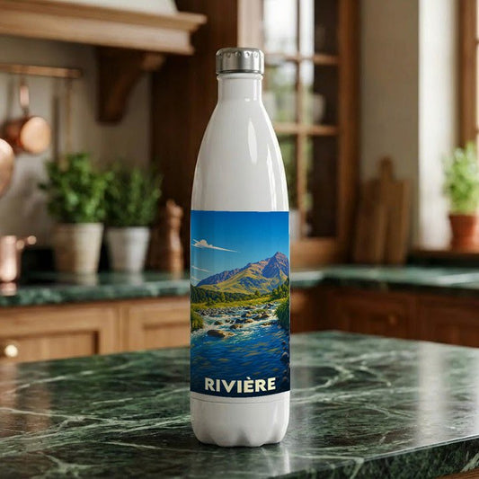 Gourde souvenir de la ville de Rivière ornée d'une illustration de paysage montagneux.