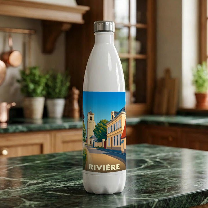 Gourde souvenir de la ville de Rivière ornée d'une illustration stylisée de ses bâtiments emblématiques.