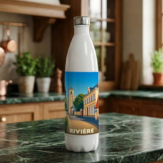 Gourde souvenir de la ville de Rivière ornée d'une illustration stylisée de ses bâtiments emblématiques.