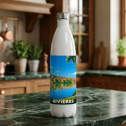 Gourde souvenir de la ville de Rivières avec une illustration stylisée d'un paysage au bord de l'eau.