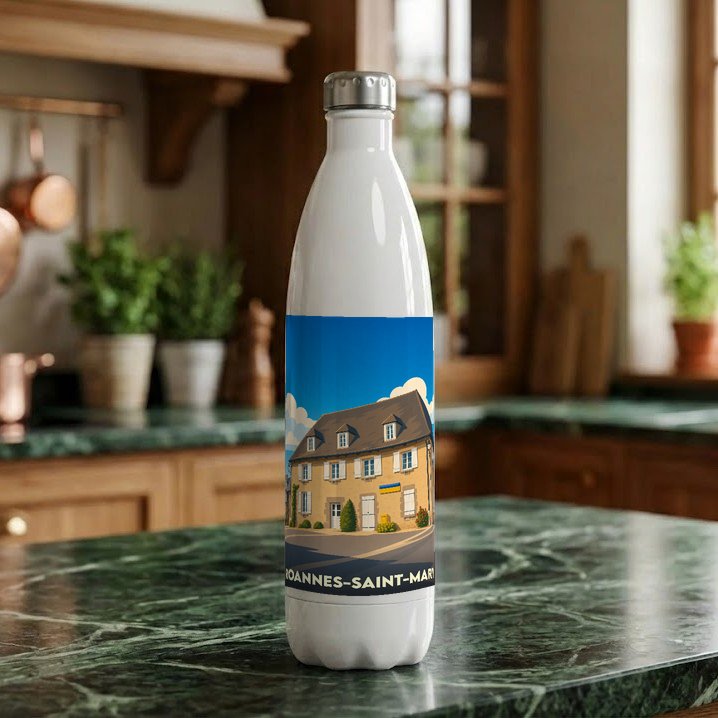 Gourde souvenir de la ville de Roannes-Saint-Mary ornée d'une illustration stylisée de maison traditionnelle.