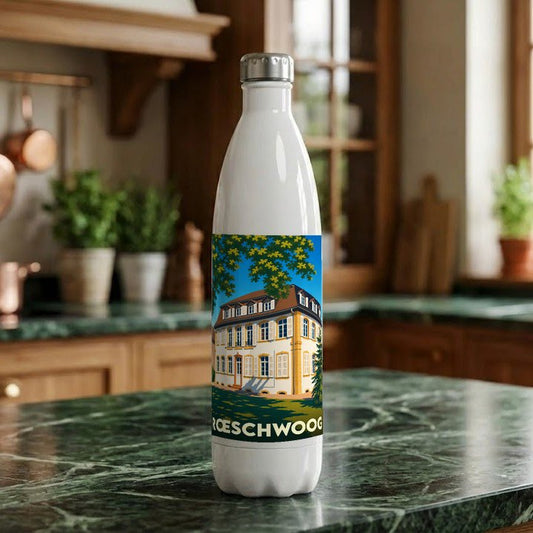 Gourde souvenir de la ville de Rœschwoog avec une illustration stylisée.