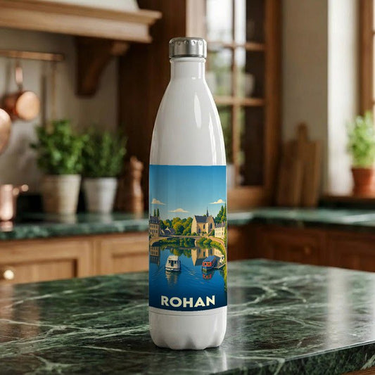 Gourde souvenir de la ville de Rohan ornée d'une illustration stylisée de son canal.