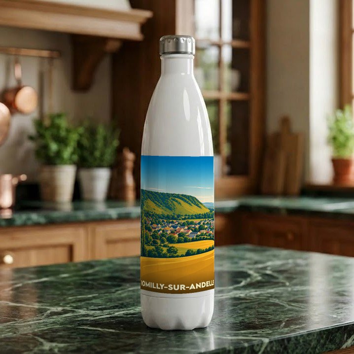 Gourde souvenir de la ville de Romilly-sur-Andelle avec une illustration de paysage champêtre.