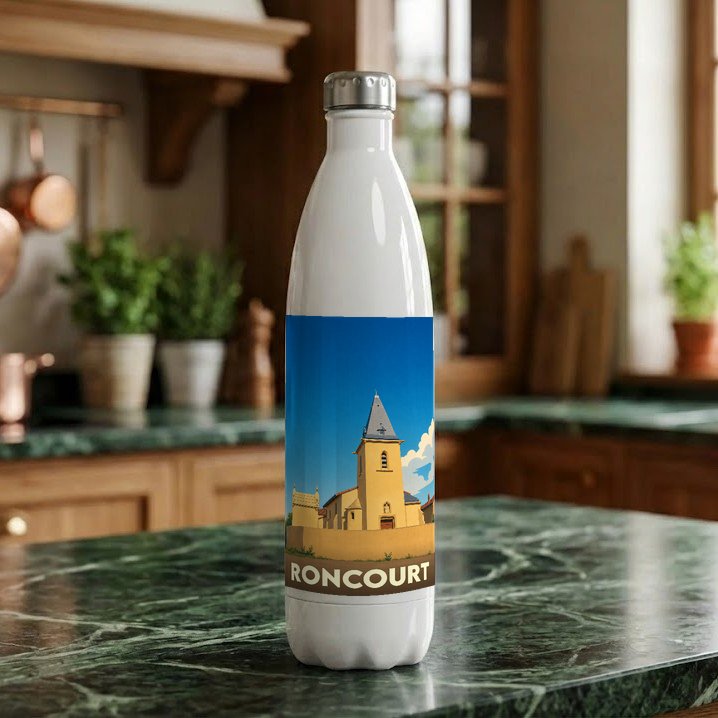 Gourde souvenir de la ville de Roncourt avec une illustration stylisée de son église.