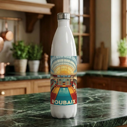 Gourde souvenir de la ville de Roubaix avec une illustration stylisée.