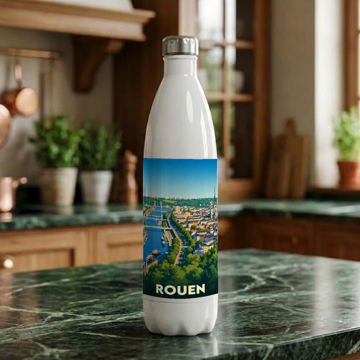 Gourde blanche souvenir de la ville de Rouen ornée d'une illustration panoramique stylisée.