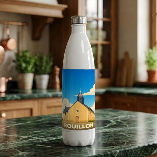 Gourde souvenir de la ville de Rouillon ornée d'une illustration stylisée de son église.