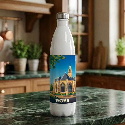 Gourde blanche souvenir de la ville de Roye avec une illustration stylisée de son église.