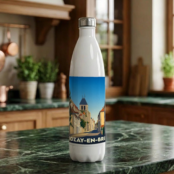 Gourde souvenir de la ville de Rozay-en-Brie avec une illustration stylisée d'une rue historique.