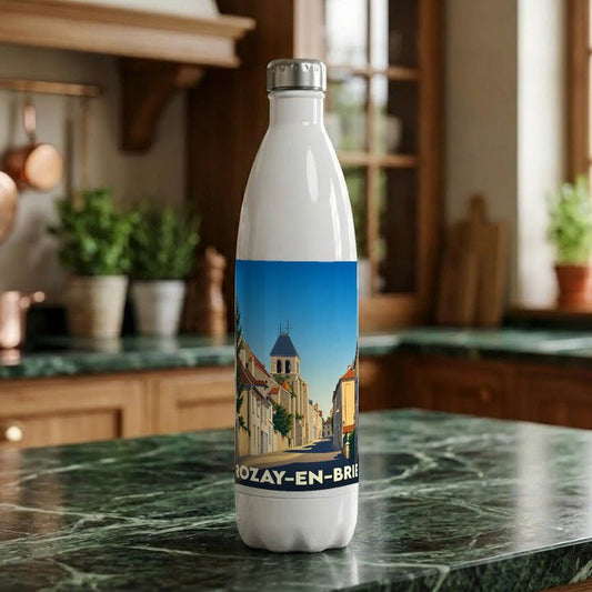 Gourde souvenir de la ville de Rozay-en-Brie avec une illustration stylisée d'une rue historique.