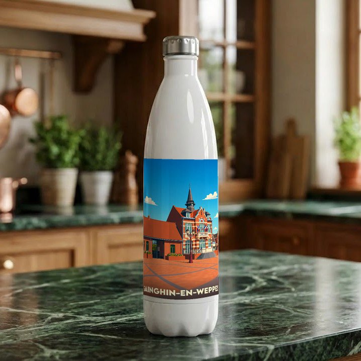 Gourde souvenir de la ville de Sainghin-en-Weppes ornée d'une illustration stylisée de son hôtel de ville.